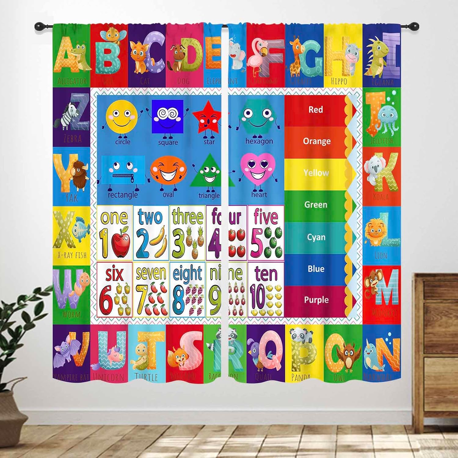 Abc Kids Early Education - ABC数字シェイプカーテンパネル、カラフルな動物文字カウントシェイプ早期教育プリントドレープオリエンタルキッズリビングルームデコレーション