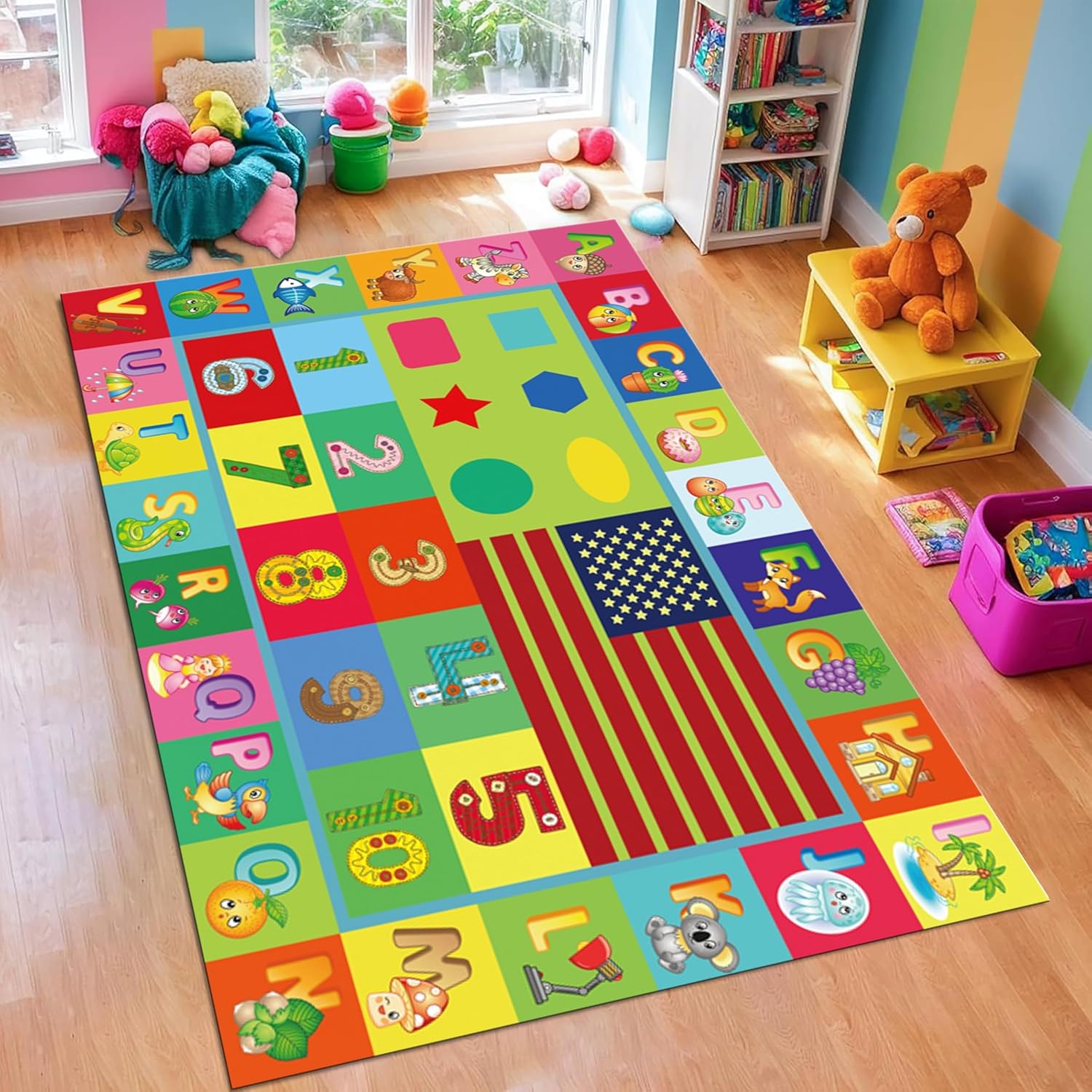 Abc Kids Early Education - ABC早期教育キッズルームラグ、教室用ラグ、子供用室内カーペット、デジタル幾何学模様動物滑り止め教育用フロアマット