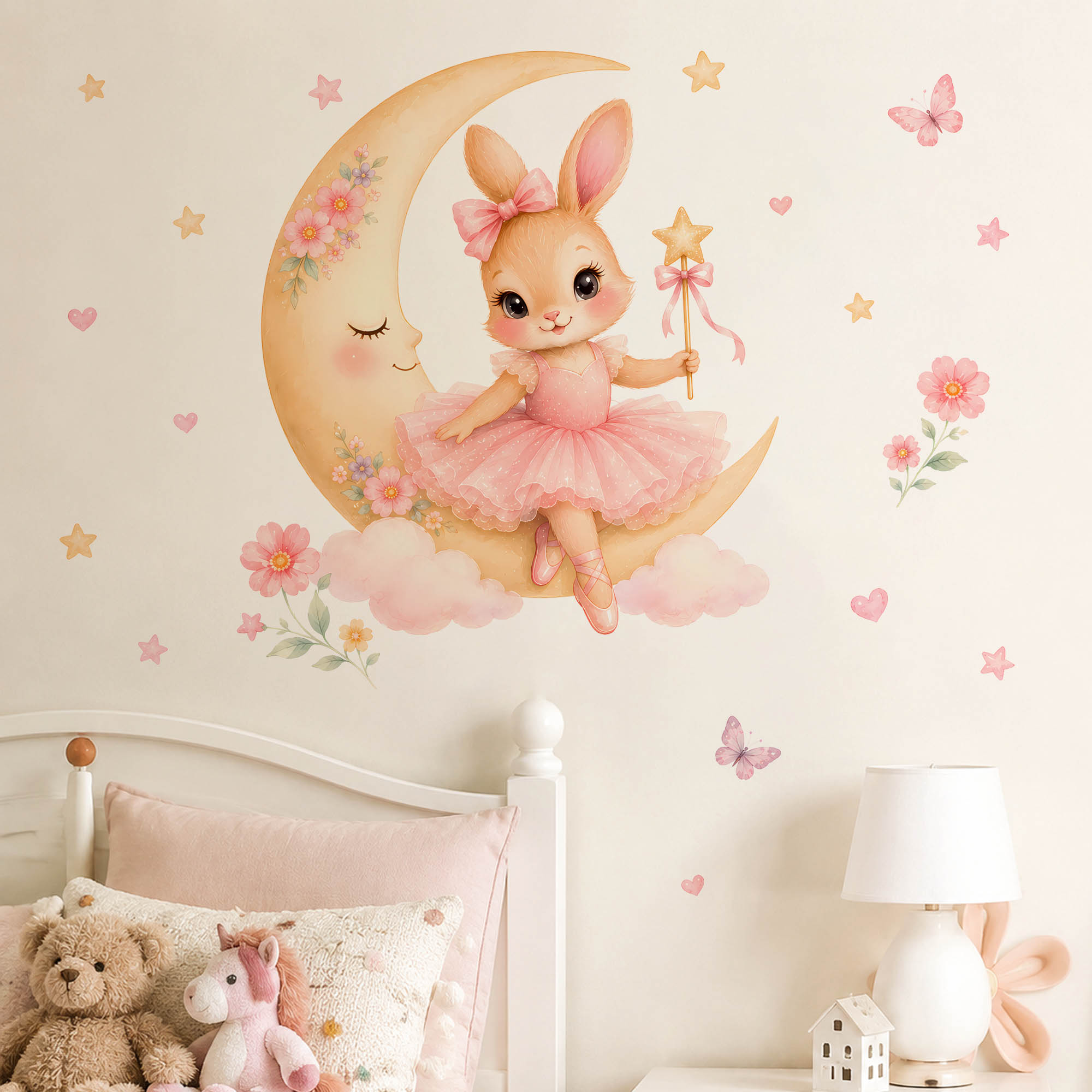 Kids Education Quotes - 水彩画のバレリーナバニームーンウォールステッカー、ピンクのチュチュ、ウサギ、星、魔法の杖のウォールデカール、子供、女の子の部屋、寝室、家の装飾に