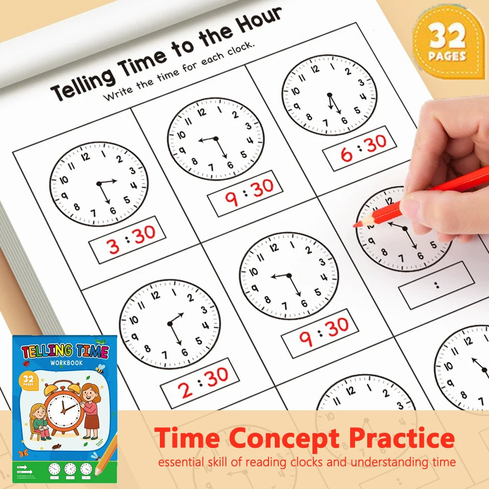 Learning Workbook Preschool - 32ページの子供向け時間学習ワークブック（4～8歳）幼稚園・保育園・小学校向け教育用ワークブック、時計の読み方を学ぶための教材