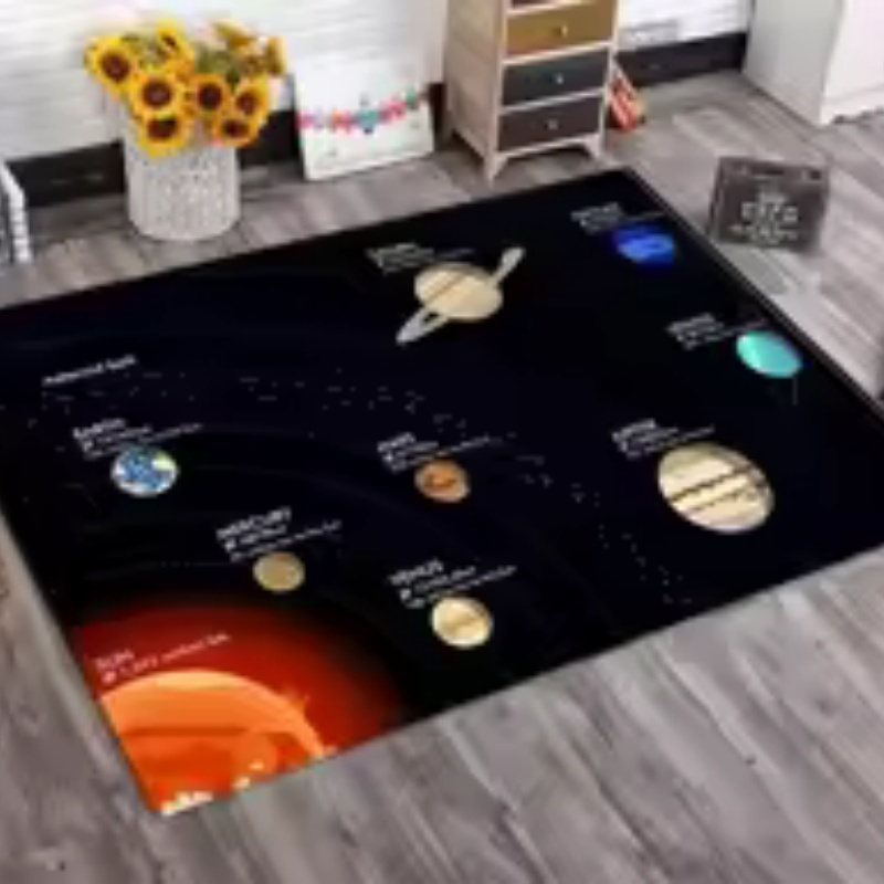 Background For Kids Education - 黒色の背景に太陽系の惑星が描かれた大きなフェルト製エリアラグ、滑り止め加工の教育用子供部屋フロアマット