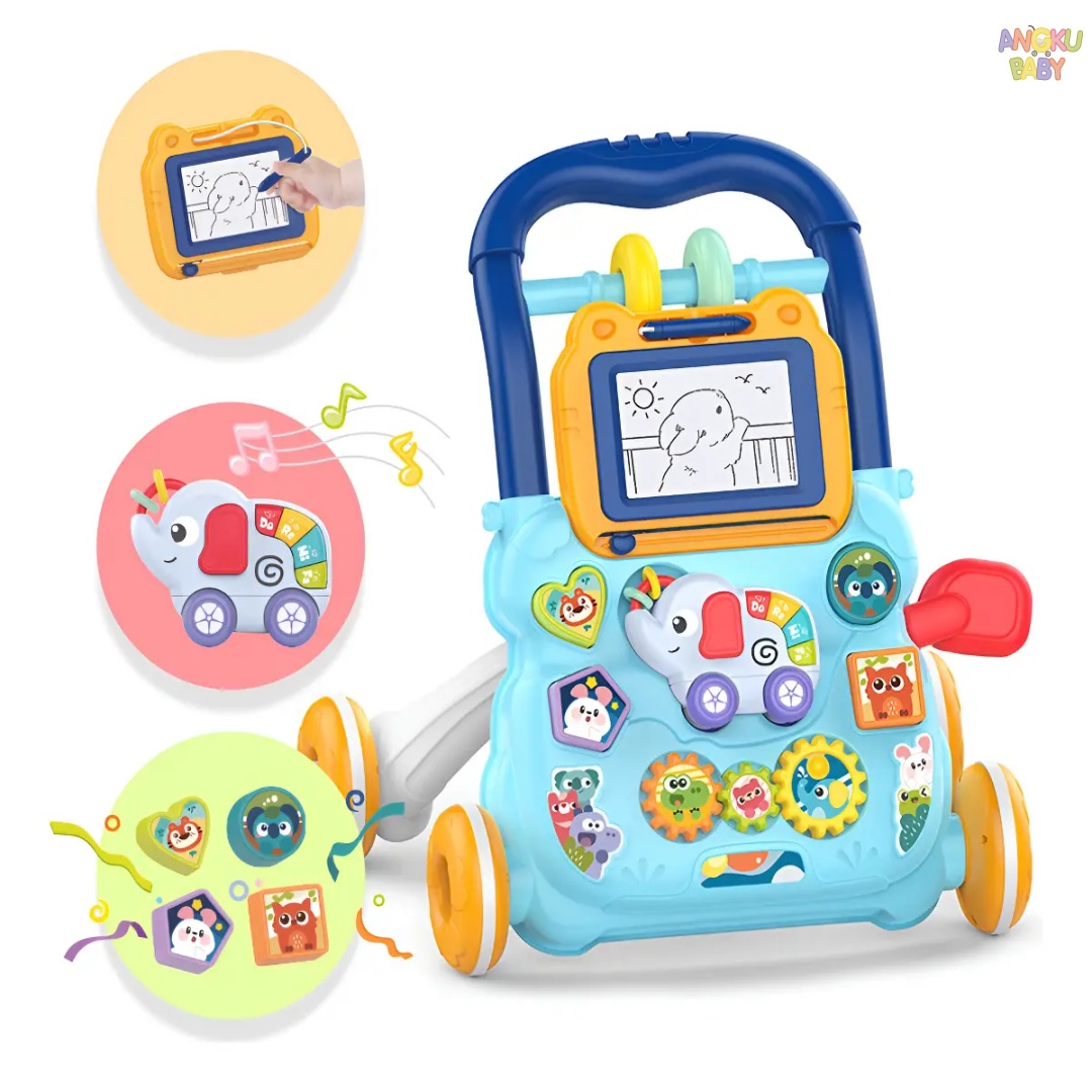Kids Education Tips - 早期教育用ベビーウォーカー、取り外し可能な描画ボード付き、転倒防止ベビー押し車、12ヶ月以上対応、多機能漫画柄キッズウォーカー