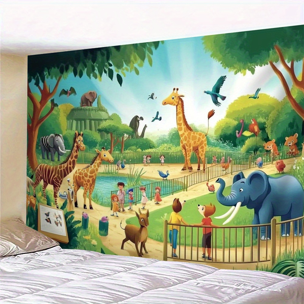 Background For Kids Education - 1pc 漫画動物園動物キリン象子供プレイルームタペストリー教育壁アート保育園装飾サファリアドベンチャー背景