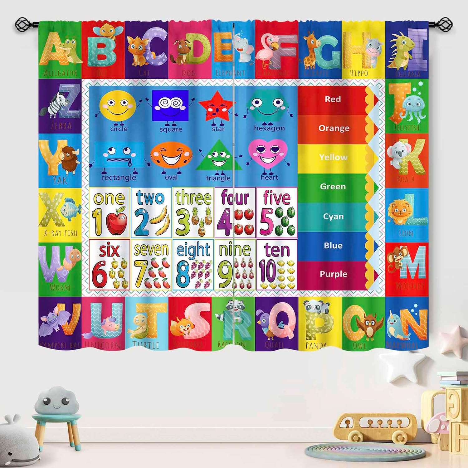 ABC数字シェイプカーテンパネル、カラフルな動物文字カウント - Abc Kids Early Education のレビューと価格