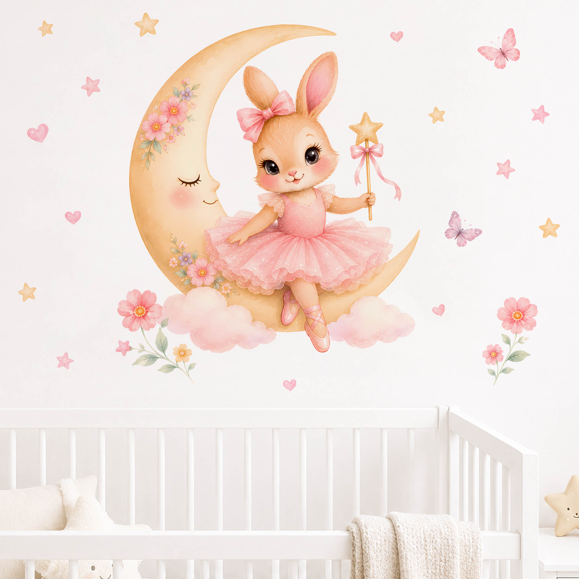 水彩画のバレリーナバニームーンウォールステッカー、ピンクのチ - Kids Education Quotes のレビューと価格