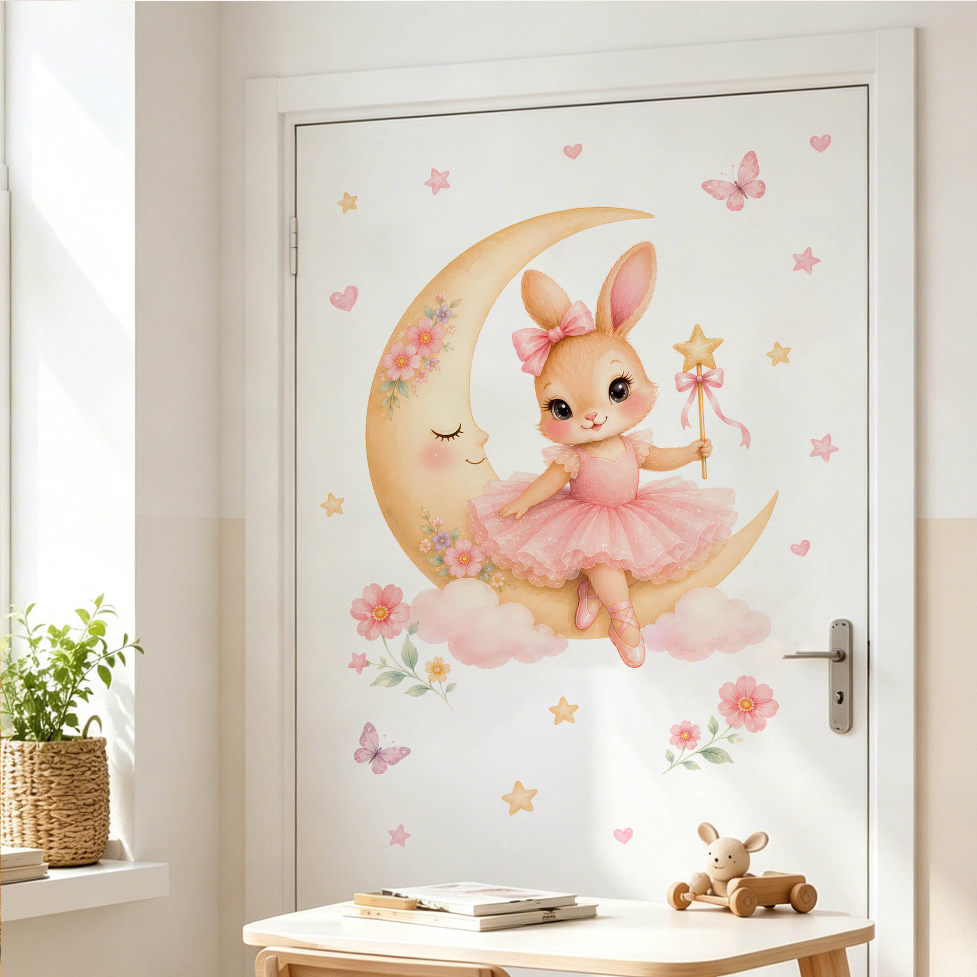水彩画のバレリーナバニームーンウォールステッカー、ピンクのチ - Kids Education Quotes のレビューと価格