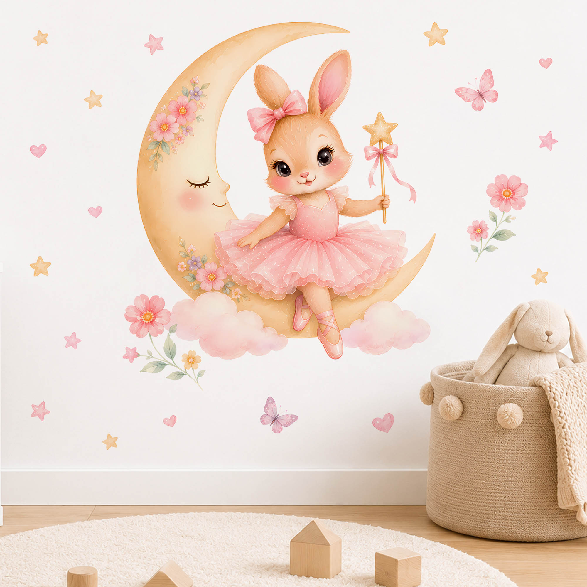 水彩画のバレリーナバニームーンウォールステッカー、ピンクのチ - Kids Education Quotes のレビューと価格