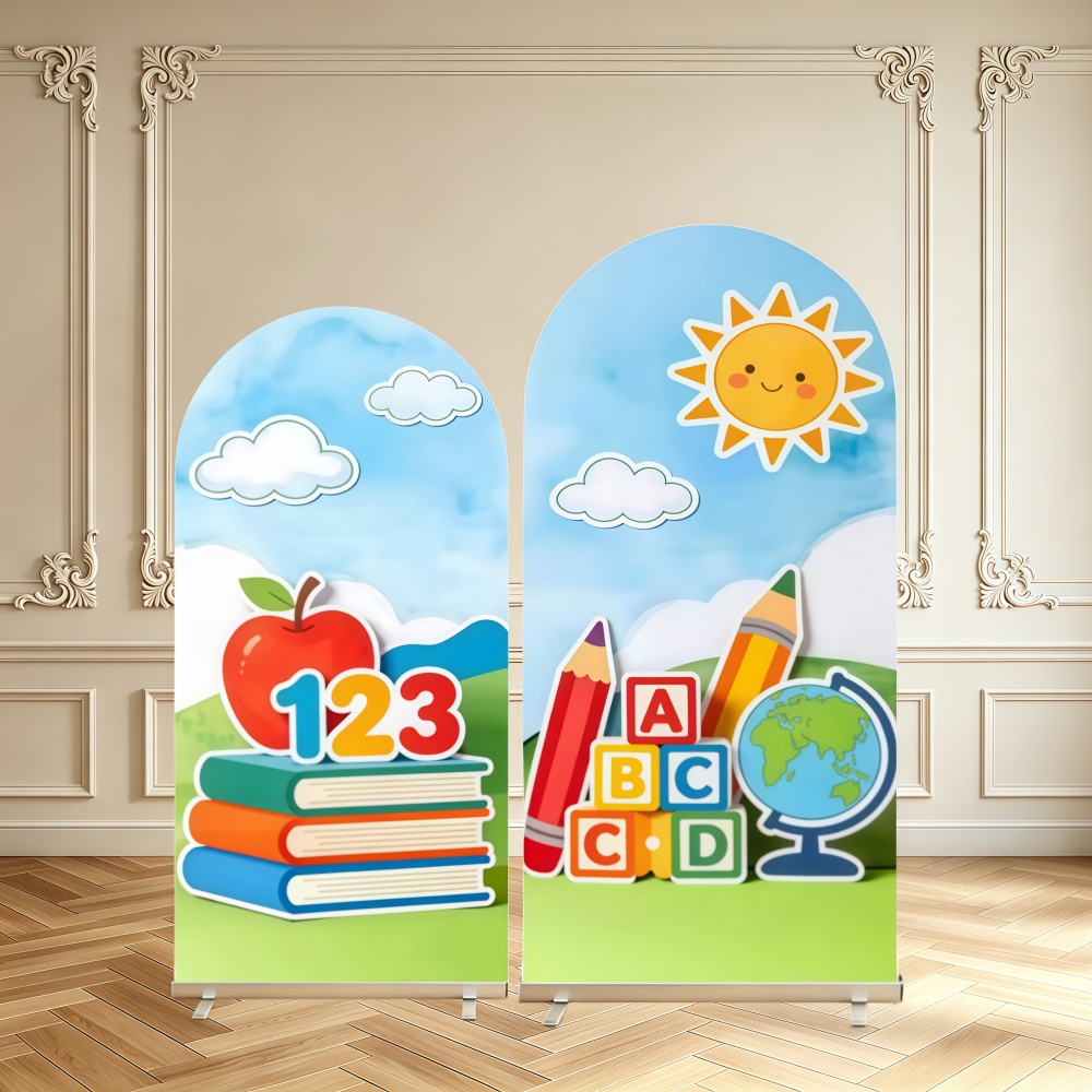 新学期装飾アーチ型背景カバー、リンゴ、本、数字、アルファベッ - Background For Kids Education のレビューと価格